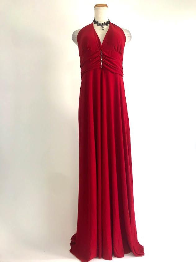 【MAC DUGGAL】ロング ドレス ホルターネック ビーズ レッド Lサイズ】ホルターネックワインレッドロングドレス＊8025/演奏会