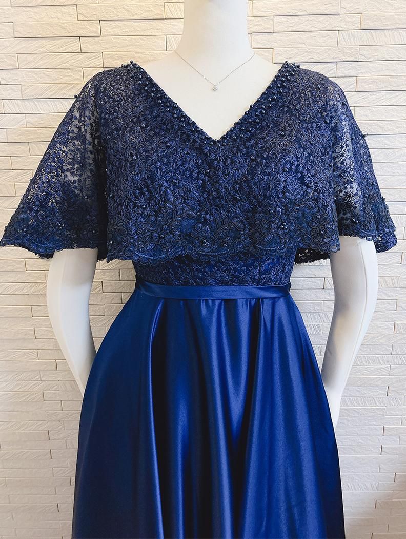 サイズオーダー可】マジェスティ ネイビー・ロングドレス＊お袖付き