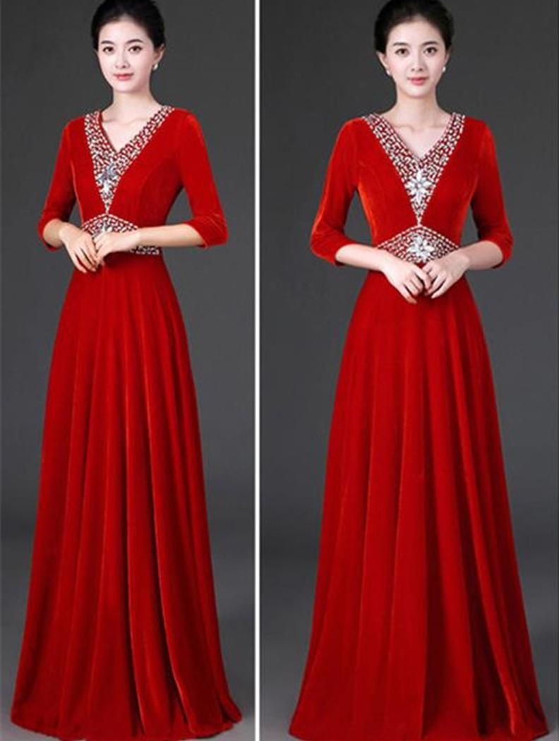 赤いビジュー付きロングドレス 赤いビジュー付きロングドレス 大人可愛いワインレッドシルク