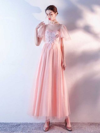背の低い方に♡フェアリー ピンク/ハイネック半袖ロングドレス♡演奏会ロングドレス