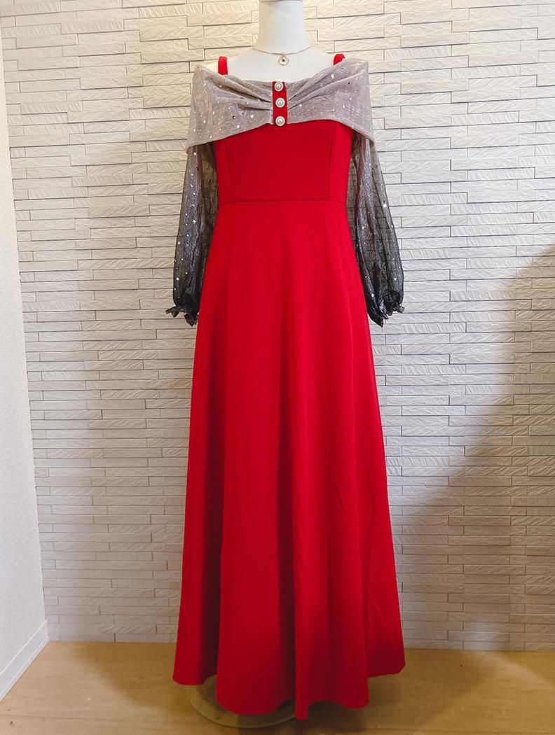 S-Lサイズ】長袖オフショルダー☆レッドロングドレス