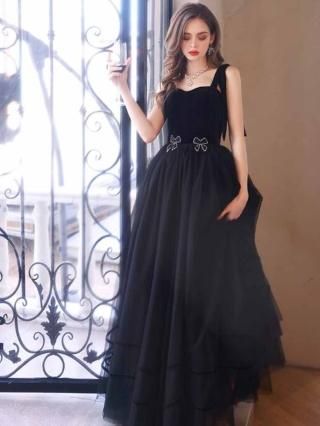 M即納】ブラック*フリル5分袖ロングドレス XS~大きいサイズ M即納】ブラック*フリル5分袖ロングドレス XS~大きいサイズ