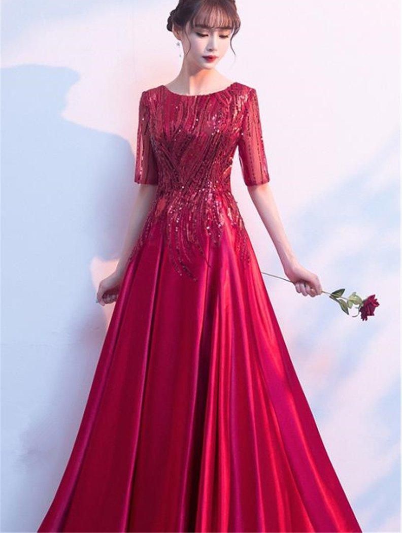 エスポワール・レッドロングドレス＊お袖付きゴージャスドレス S-4L