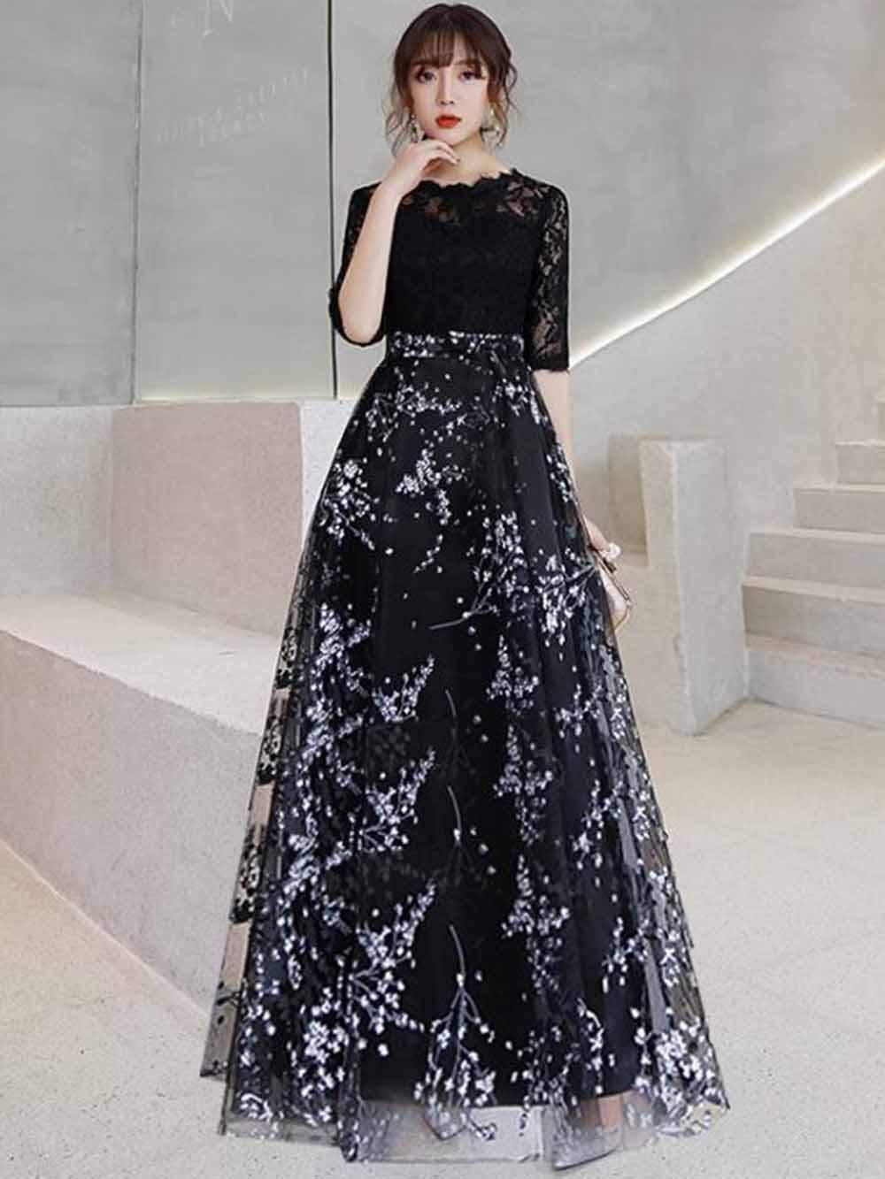 Petitプリント柄ロングドレス*お袖付き*ブラック*ロング Petitプリント柄ロングドレス*お袖付き*ブラック*ロング