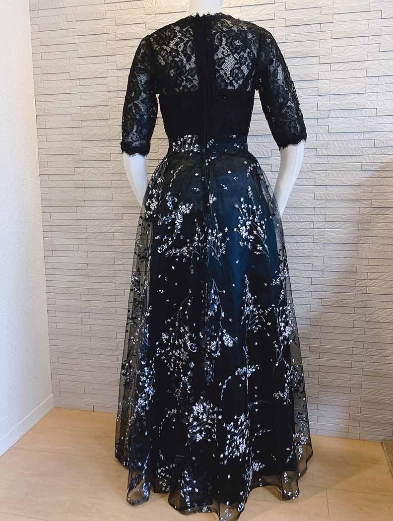 Petitプリント柄ロングドレス＊お袖付き＊ブラック＊ロング