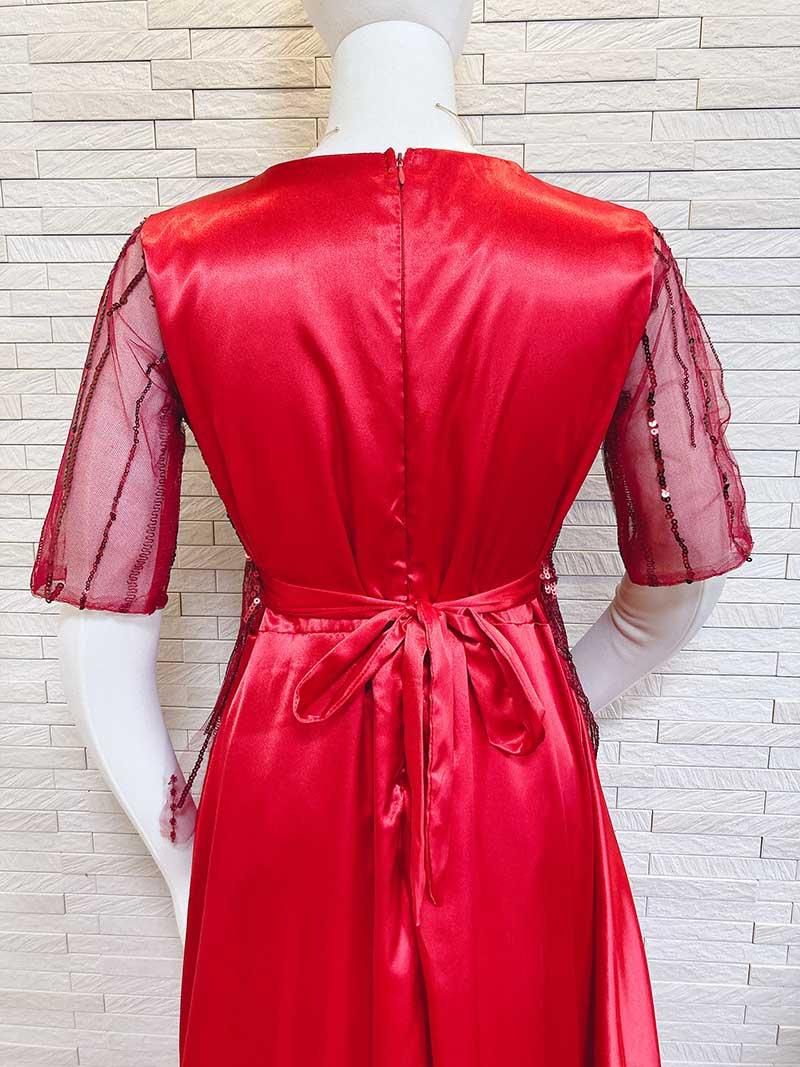 Suga ロングドレス レッド L ディープワインレッドカラー×ゴールド刺繍