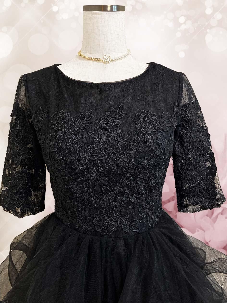 M即納】ブラック*フリル5分袖ロングドレス XS~大きいサイズ M即納】ブラック*フリル5分袖ロングドレス XS~大きいサイズ