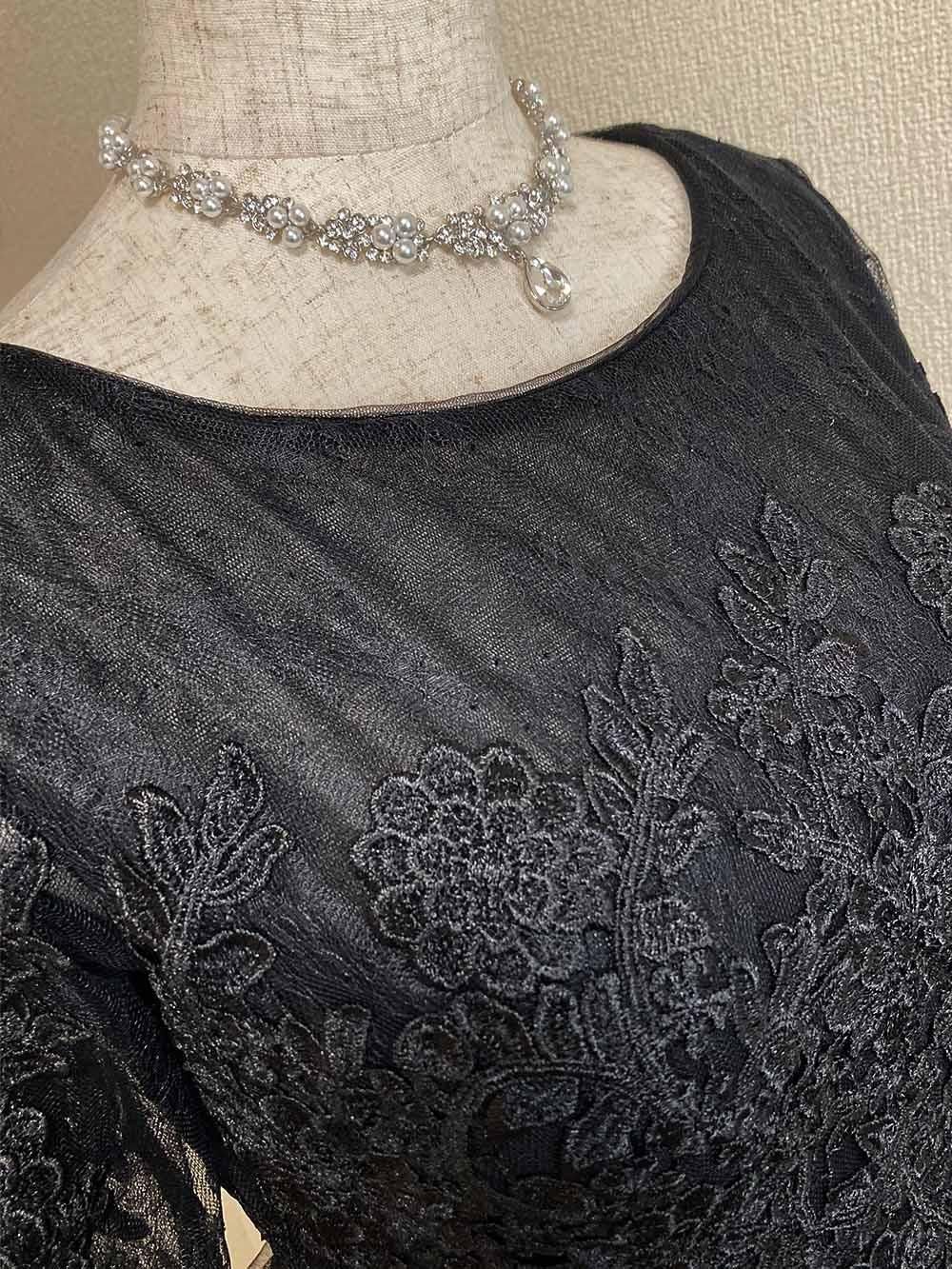M即納】ブラック*フリル5分袖ロングドレス XS~大きいサイズ M即納】ブラック*フリル5分袖ロングドレス XS~大きいサイズ
