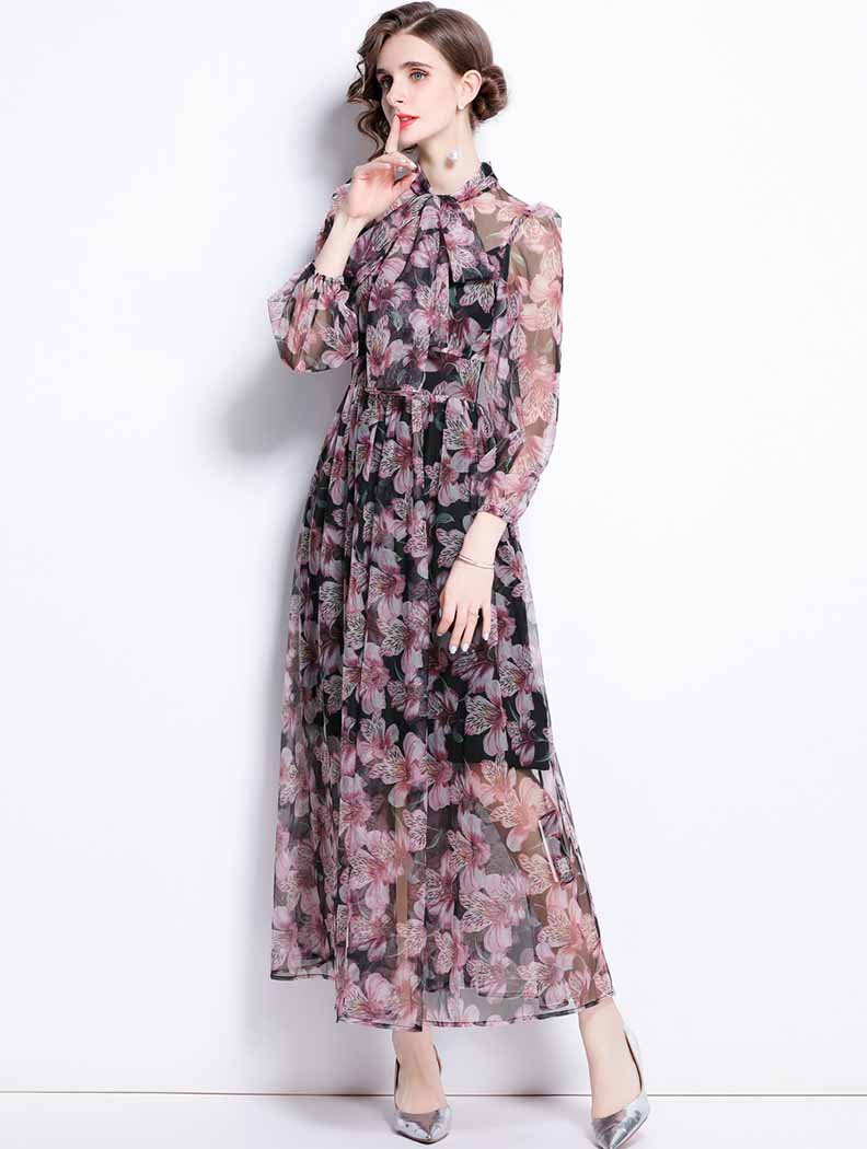 LLYISALEビンテージ 70s USA 紫 花柄 シースル ロング ワンピース ドレス