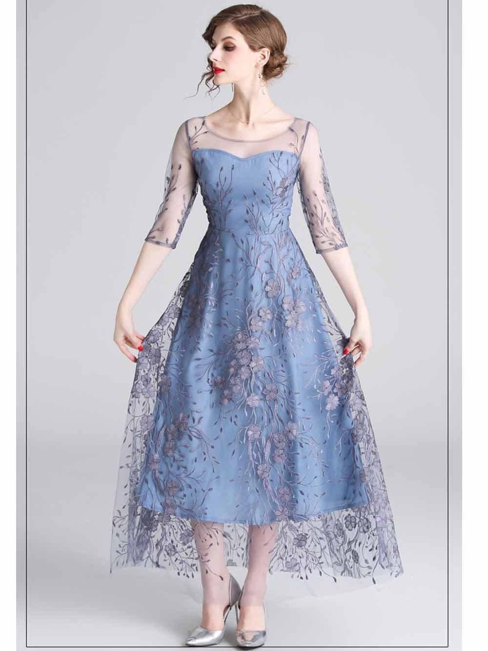 LASUD（ラシュッド）結婚式 ドレス ワンピース 肩シースルー ブルー 青 SALE] フラワーレース刺繍×チュールスカートパーティードレス