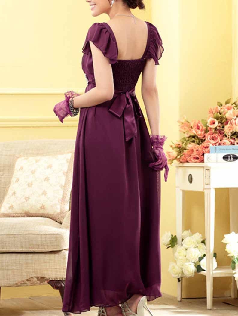 M~2L】ダークパープル*お袖付きシフォンドレス*ロングドレス M~2L】ダークパープル*お袖付きシフォンドレス*ロングドレス