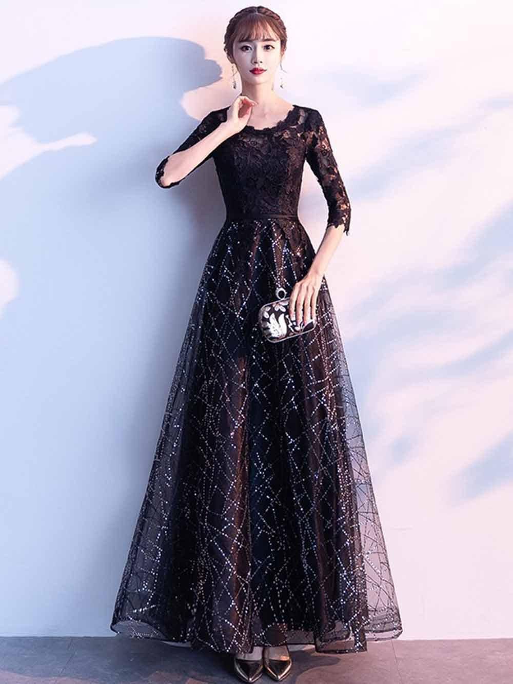 M.L即納】ドレッシーブラックロングドレス*お袖付き*黒 M.L即納】ドレッシーブラックロングドレス*お袖付き*黒