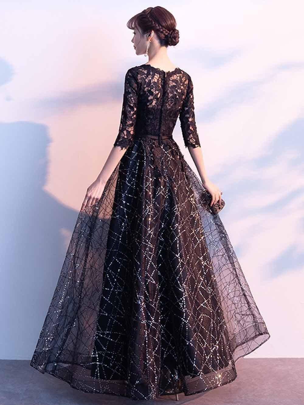 M.L即納】ドレッシーブラックロングドレス*お袖付き*黒 M.L即納】ドレッシーブラックロングドレス*お袖付き*黒