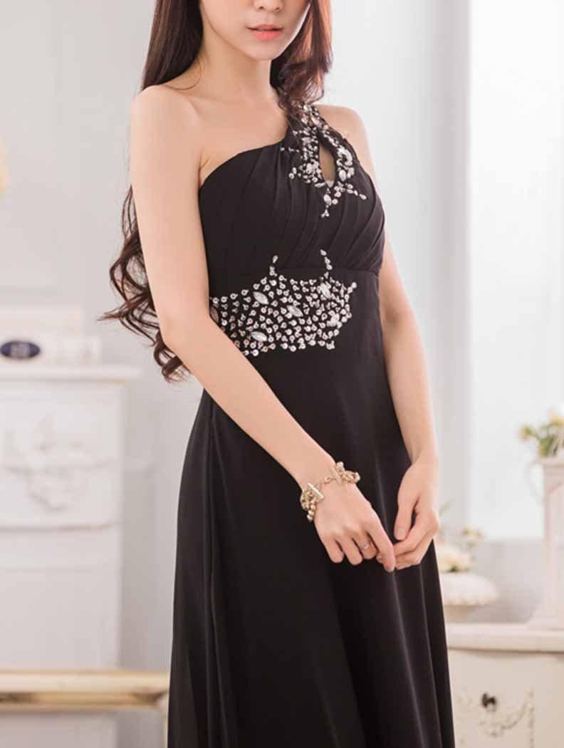 ブラックビジュー*ワンショルダーシフォンドレス*ロングドレス ブラックビジュー*ワンショルダーシフォンドレス*ロングドレス