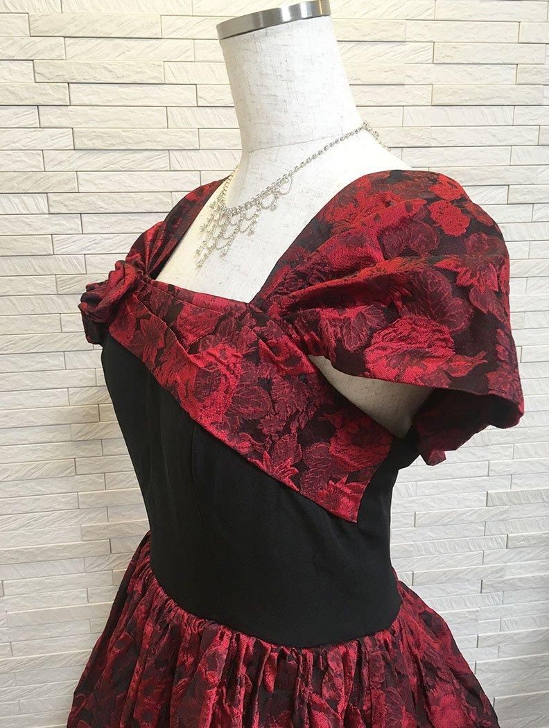 レッド×ブラック ローズ薔薇オフショルダー リサイタルロングドレス