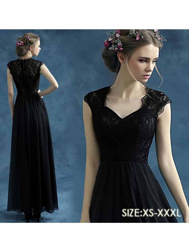 S~L】フレンチスリーブロングドレス＊シンプルドレス＊ブラック