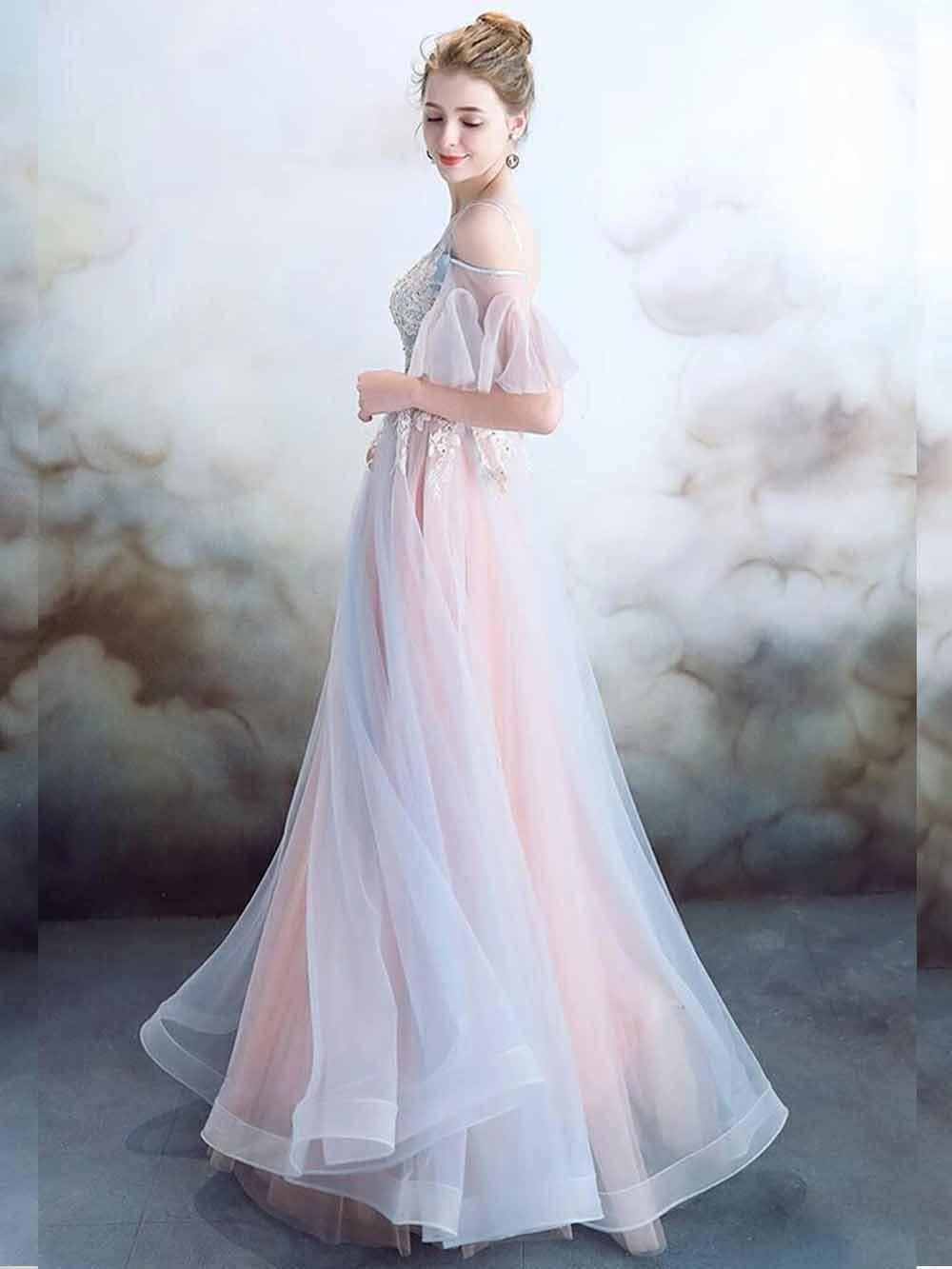 Lサイズ】フェアリードレス♪ピンク＊水色＊お袖付きオフショルダー