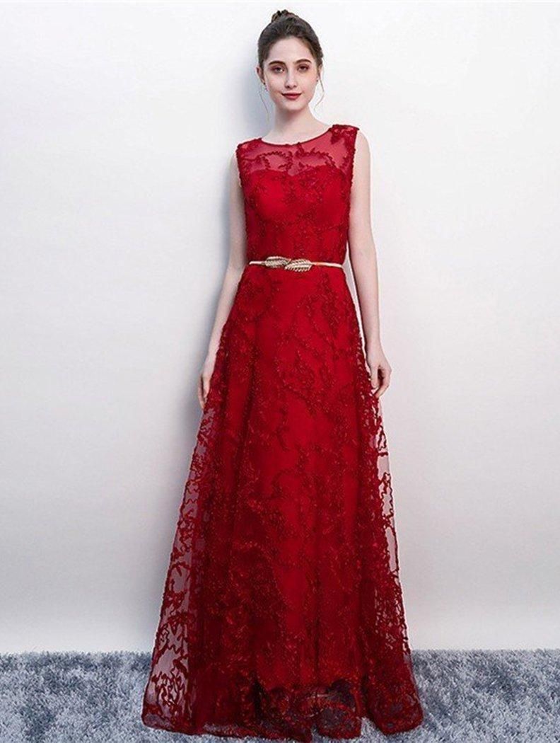 XS-3XL】レッドのコードレースドレス♪ノースリーブ♪ベルト付き