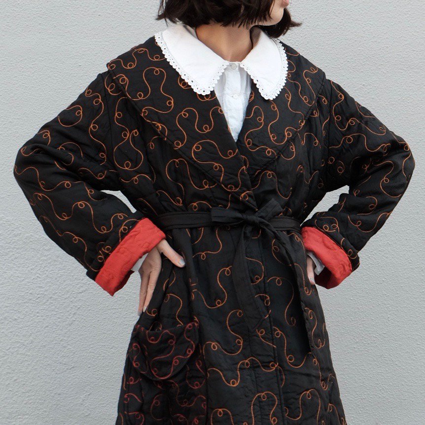[VINTAGE] Tendril Stitch Belted Robe Coat