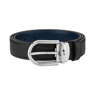 MB128756 MONTBLANC モンブラン ホースシューバックル ブラック/ブルー リバーシブルレザーベルト 30mm