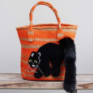【 CAT IN DA HOUSE！】モコモコねこカゴバッグ【黒猫/オレンジ】