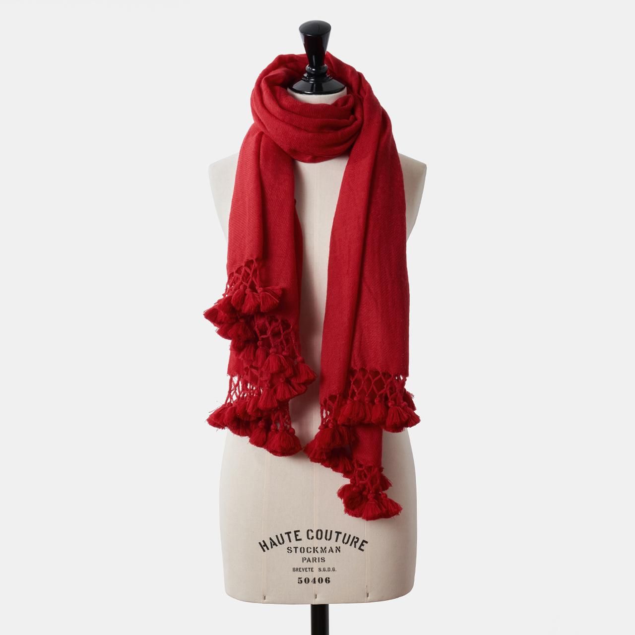 CASHMERE macramé pompon STOLE<BR>RED