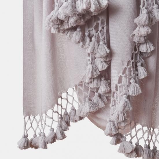 CASHMERE macramé pompon STOLE<BR>PALE JUTE