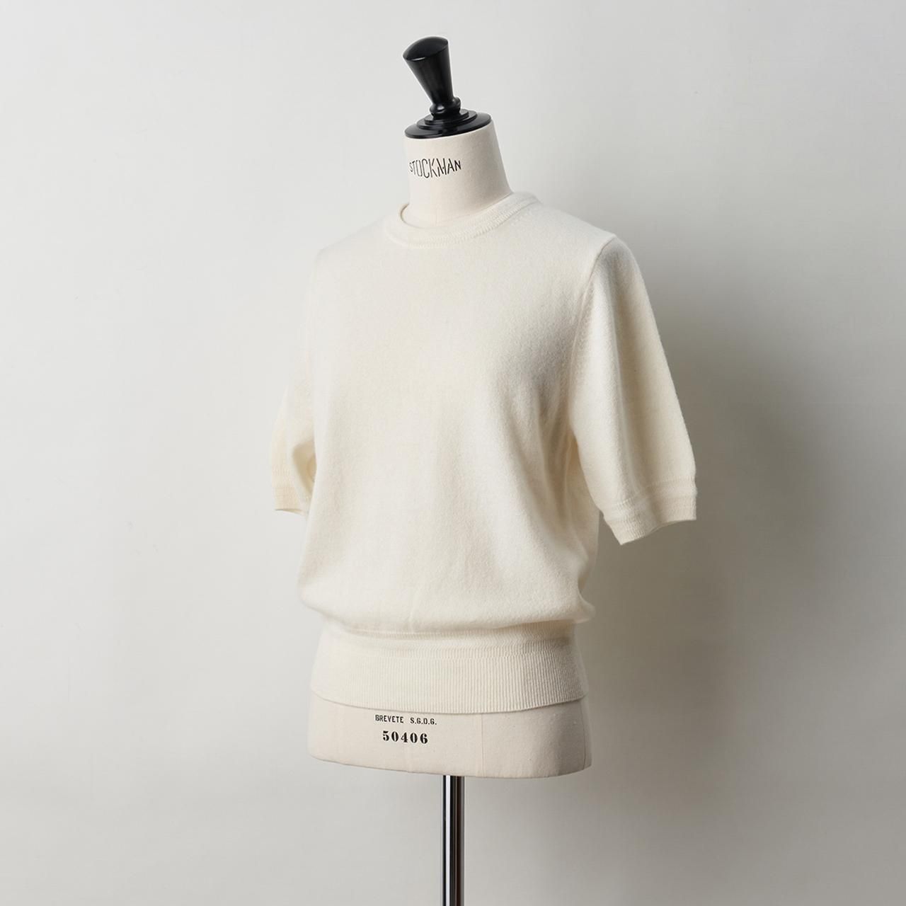 CASHMERE BASIC HALF SLEEVE TOPS<BR>IVORY