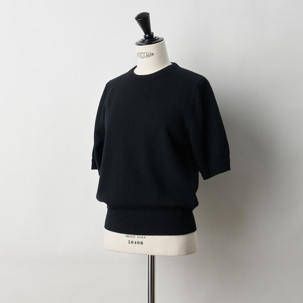 CASHMERE BASIC HALF SLEEVE TOPS<BR>BLACK