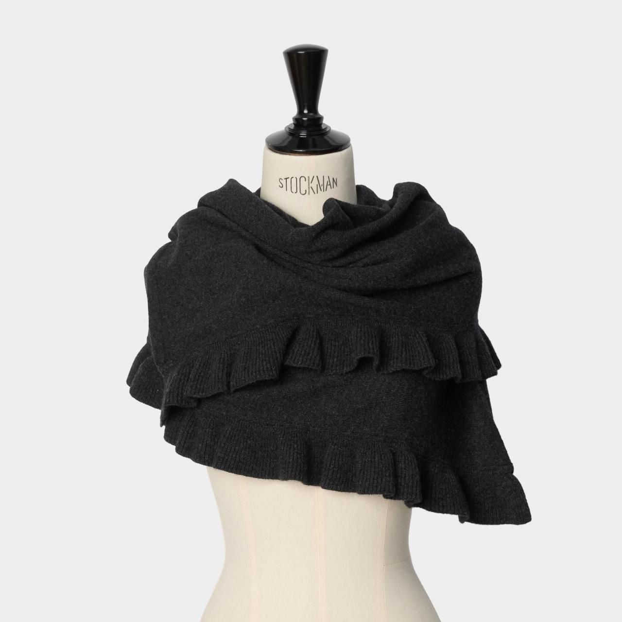 CASHMERE FRILL STOLE 140<BR>CHARCOAL
