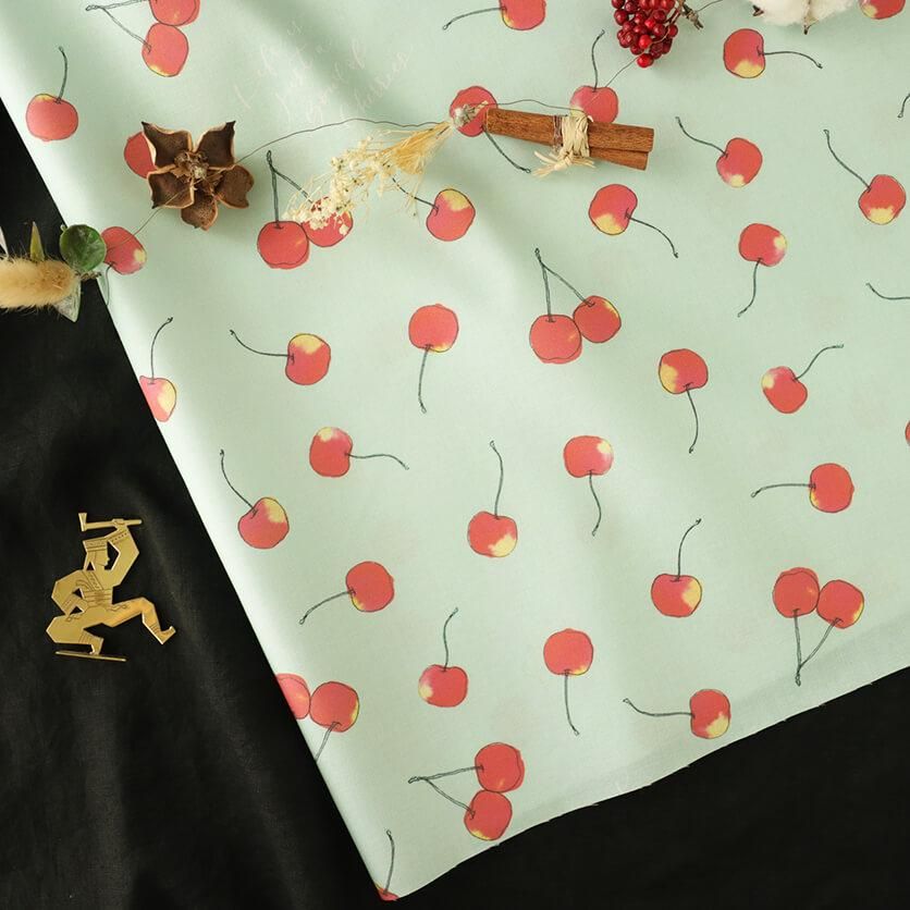 肌触りがいい cherry（グリーン）フルーツ・さくらんぼ柄- 布・生地の通販 クラフト・布製品
