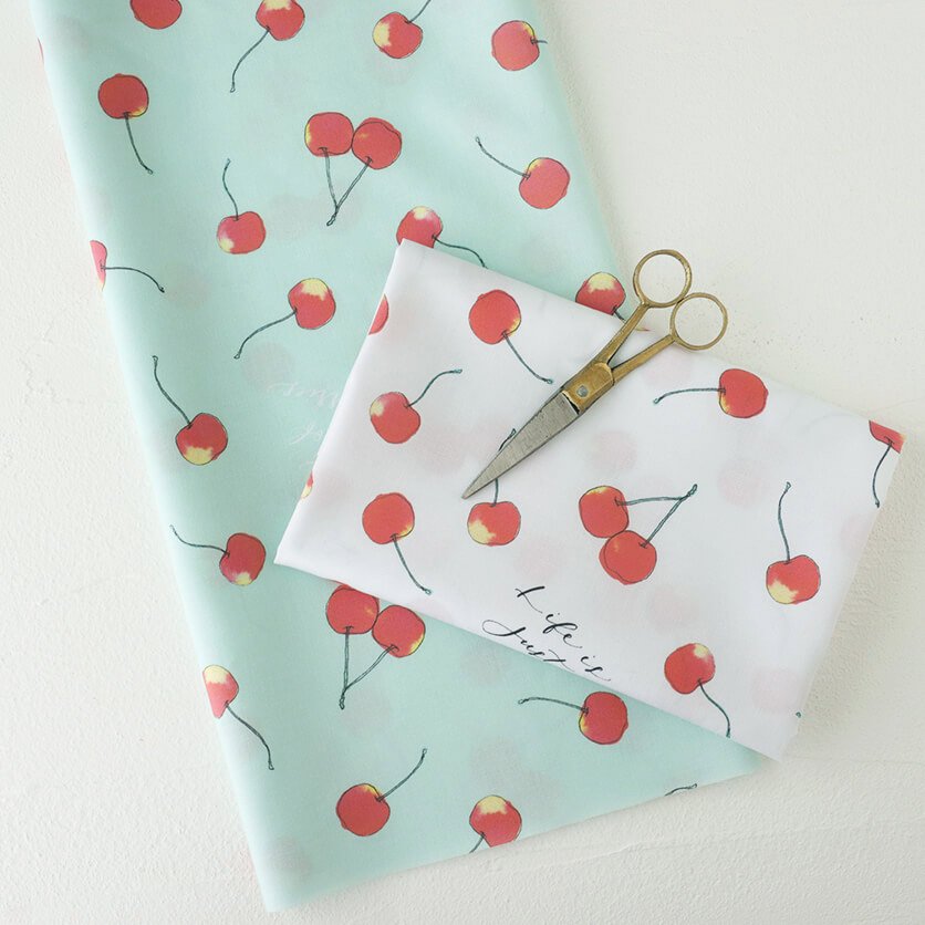 cherry（グリーン）フルーツ・さくらんぼ柄- 布・生地の通販サイト：nunocoto fabric