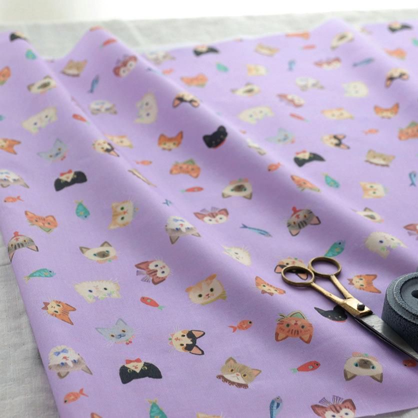 パープル猫様オーダー6枚 My sweet cat（パープル）猫柄 布・生地の通販サイト：nunocoto