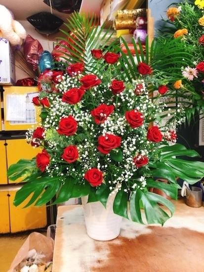アレンジ 赤バラ かすみ フラワーショップ四季 福岡 中洲 久留米 文化街の花屋