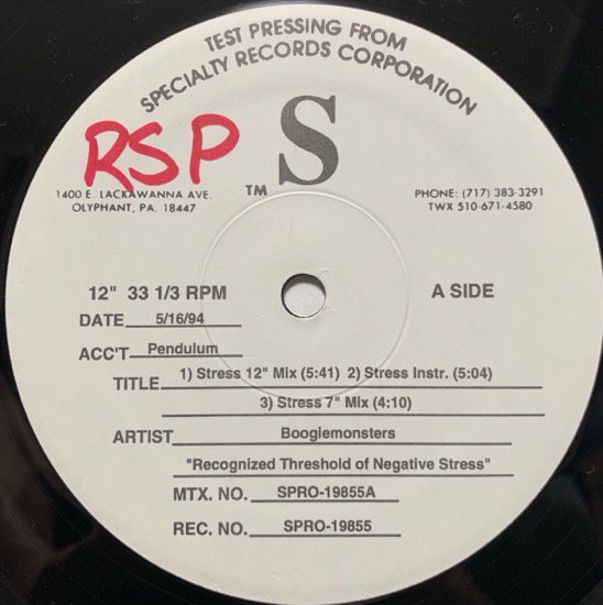 BOOGIEMONSTERS / RECOGNIZED THRESHOLDS OF NEGATIVE STRESS (TEST PRESSING)