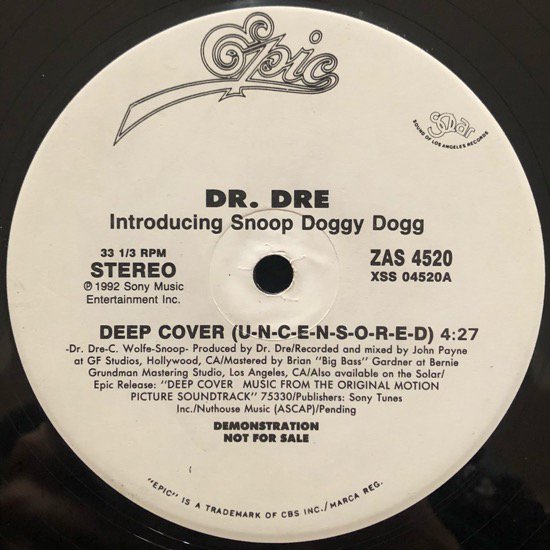 DR. DRE INTRODUCING SNOOP DOGGY DOGG / DEEP COVER (92 US ORIGINAL PROMO ONLY VERY RARE PRESSING)