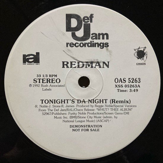 REDMAN / TONIGHT'S DA NIGHT (REMIX) (1992 US ORIGINAL PROMO ONLY)