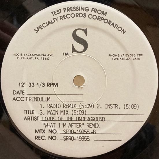 LORDS OF THE UNDERGROUND / WHAT I'M AFTER (REMIX) (1995 US ORIGINAL TEST PRESSING ONLY RARE REMIX)