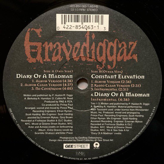 GRAVEDIGGAZ / DIARY OF A MADMAN b/w CONSTANT ELEVATION (1994 US ORIGINAL)