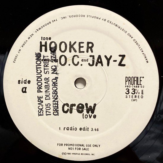 TONE HOOKER FEATURING O.C. AND JAY-Z / CREW LOVE (1997 US ORIGINAL PROMO ONLY)