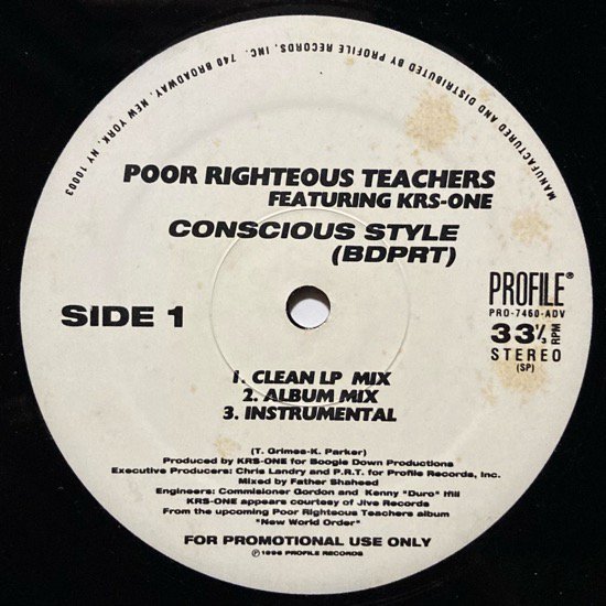 POOR RIGHTEOUS TEACHERS FEATURING KRS-ONE / CONSCIOUS STYLE (1996 US ORIGINAL PROMO ONLY)