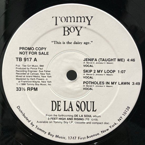 DE LA SOUL / JENIFA (TAUGHT ME) b/w POTHOLES IN MY LAWN (1988 US ORIGINAL  PROMO) - SLASH RECORD