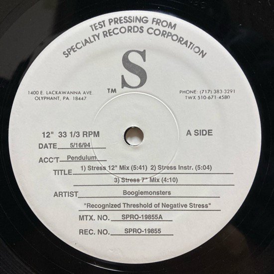 BOOGIEMONSTERS / RECOGNIZED THRESHOLDS OF NEGATIVE STRESS (1994 US ORIGINAL TEST PRESSING)