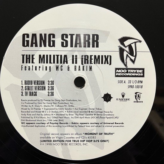 GANG STARR / THE MILITIA II (REMIX) / THE MILITIA (SOUL BROTHER REMIX) (98 US PROMO ONLY VERY RARE)