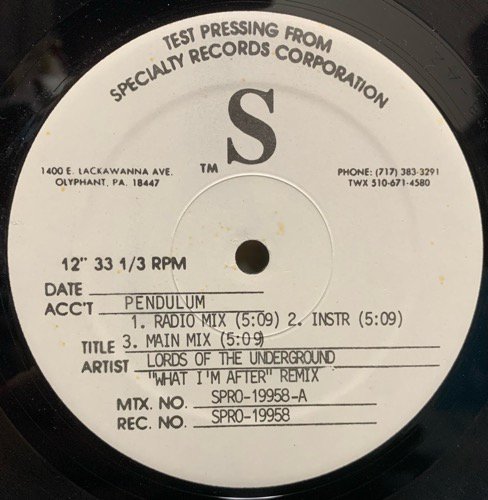 LORDS OF THE UNDERGROUND / WHAT I'M AFTER (REMIX) (1995 US ORIGINAL TEST PRESSING ONLY RARE REMIX)