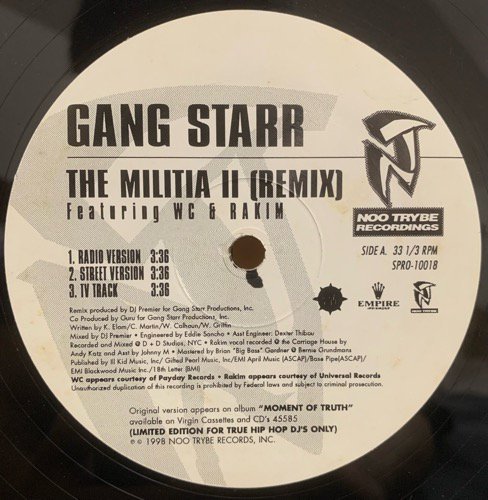 GANG STARR / THE MILITIA II (REMIX) / THE MILITIA (SOUL BROTHER REMIX) (98 US PROMO ONLY VERY RARE)