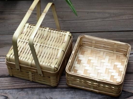 竹製 二段 バスケット 竹籠 弁当 茶道具(平安箸付き) 竹かご 白竹の弁当かご 2段 正方形 竹籠 弁当箱 竹カゴ 竹籠弁当