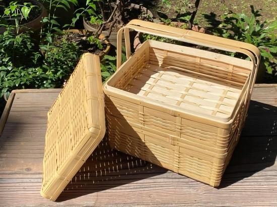 晒竹ピクニックバスケット（白竹）大（底足付）二段弁当