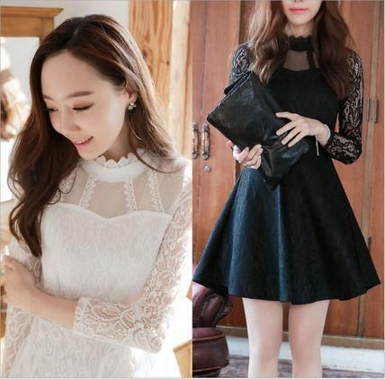 ワンピース ショート丈 無地 長袖 上品 パーティー 結婚式 韓国 niana 結婚式 ワンピース パーティードレス 無地 刺繍レース