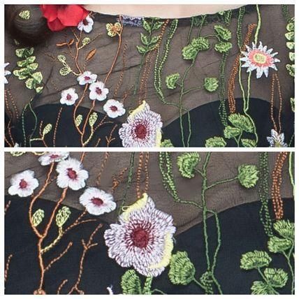 花柄 オーガンジー 刺繍 リボン ミディ丈 ワンピース 送料込 花柄 刺繍 シースルー オーガンジー 七分袖 ウエストリボン